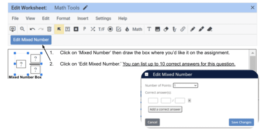TeacherMade Digital Worksheet Mixed Number Tools