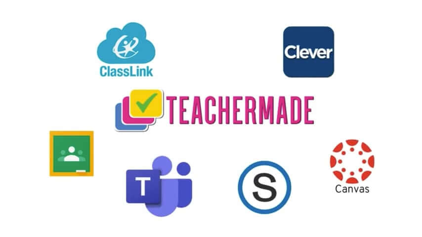 TeacherMade integrates with Clever and Classlink for SSO, Google Classroom, Canvas, and Schoology for LMS