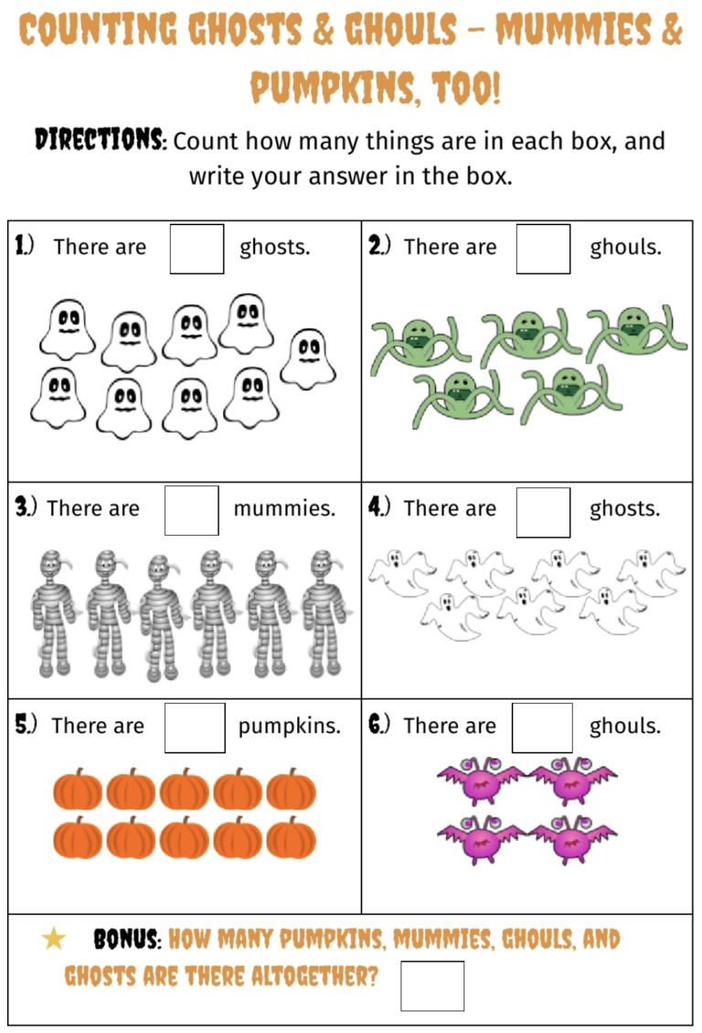 Halloween Ghosts Gouls Mummies Numeracy exercise Mathematics exercise Seasonal passage Classwork studio